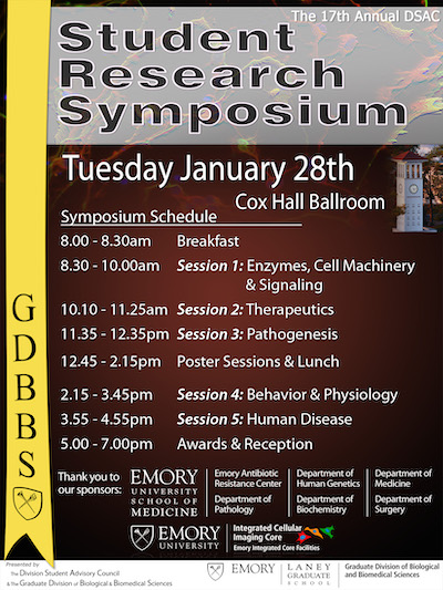 Flyer for 17th annual Student Research Symposium with order of events from 8 am until 7 pm 
