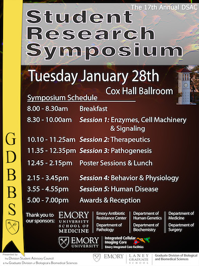 Flyer for 17th annual Student Research Symposium with order of events from 8 am until 7 pm