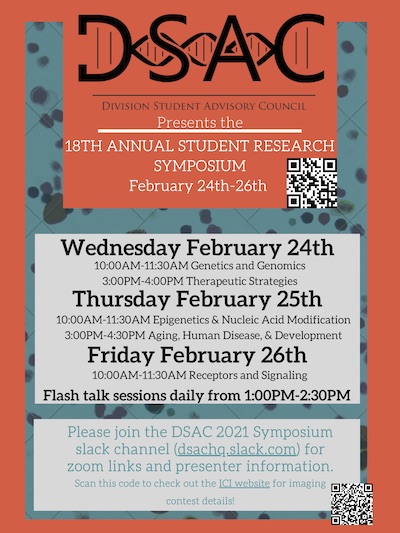 Flyer for 18th annual Student Research Symposium with order of events from 8 am until 7 pm